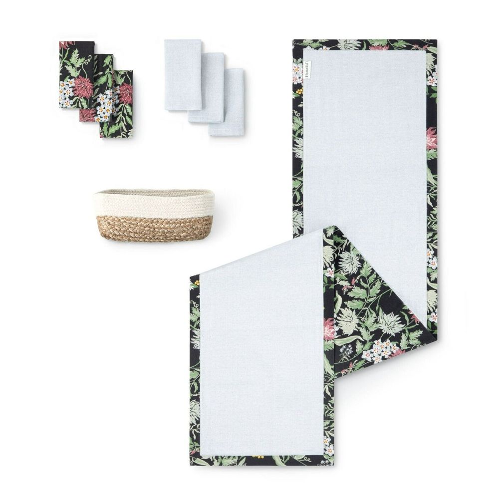 Drew Barrymore Table Runner 6 Napkins Basket Beautiful Gray + Floral 8-Piece Set - Picture 4 of 16